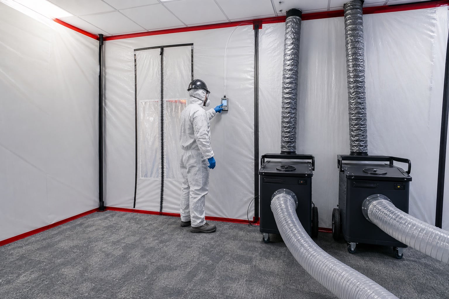 Technicien vérifiant la pression d’un confinement alimenté par deux unités HEPA