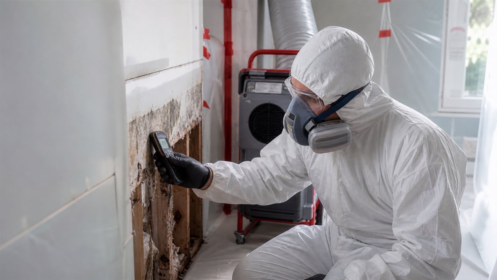 Technicien protégé mesurant l’humidité d’un mur atteint par les moisissures dans une zone confinée