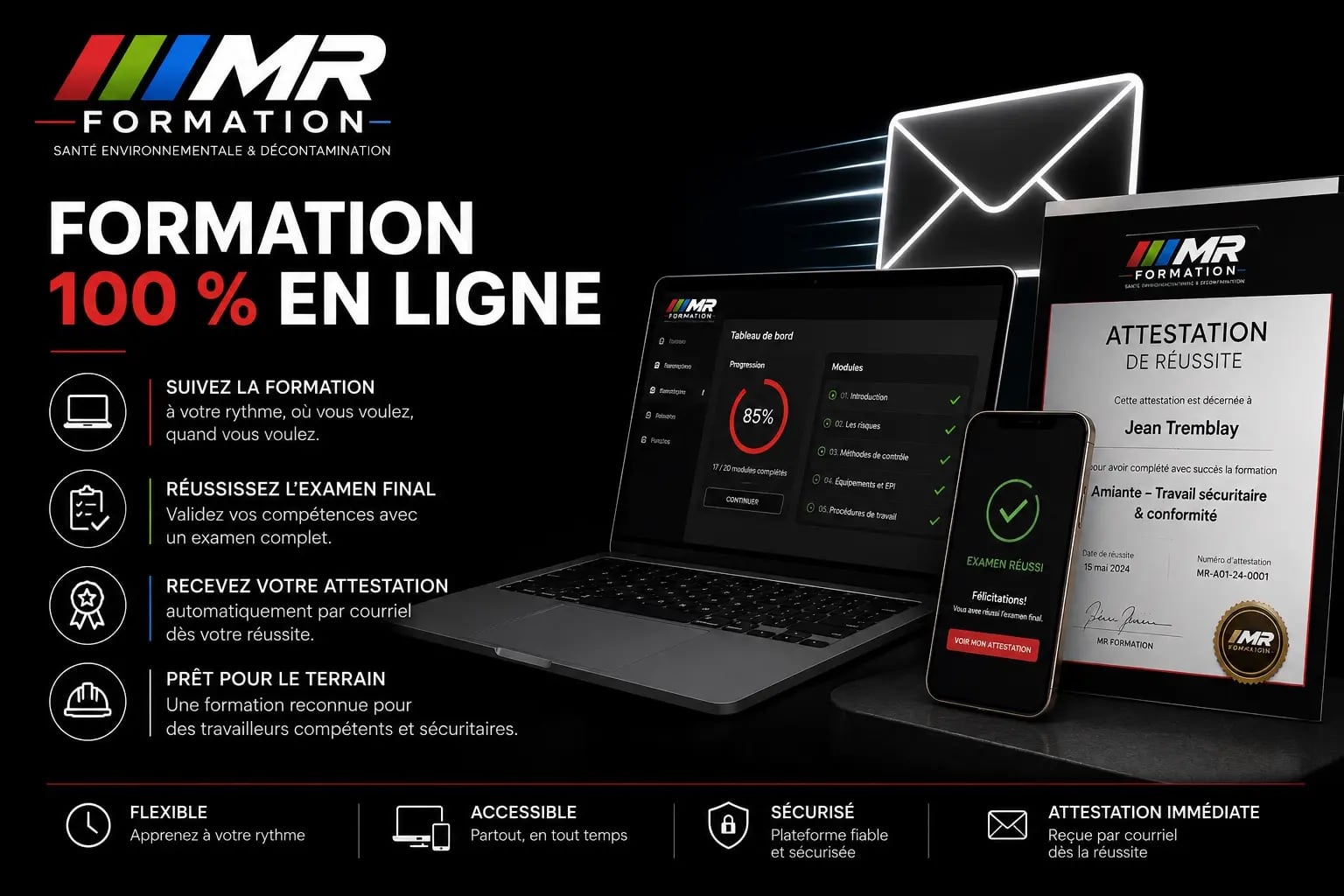Plateforme MR Formation sur ordinateur et téléphone avec attestation de réussite